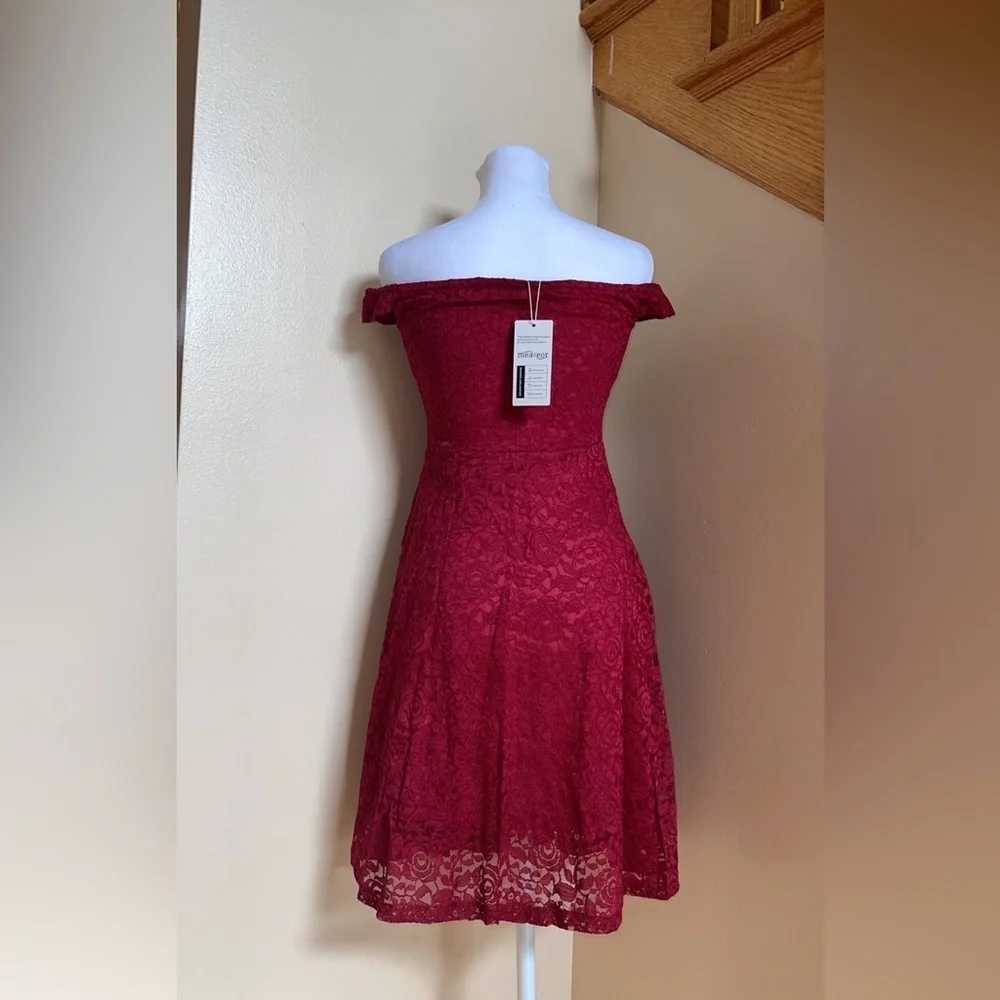 Women’s Dress Size Small Red Lace Off Shoulder A Line Swing Cocktail Party Dress - Picture 8 of 8